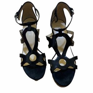 Like New Aquatalia Sandals Black Strappy Leather Cut Out Block Heel Sandal